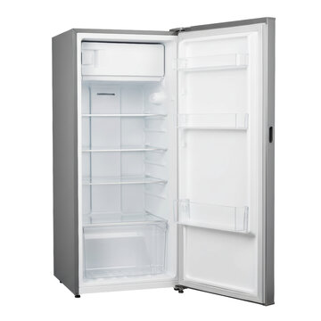 Modern brushed silver compact refrigerator, door open revealing transparent interior with clear glass shelves, freezer, and crisper drawer in a shadowless studio, highlighting modern efficiency