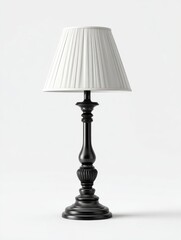 Obraz premium Antique Black Wooden Table Lamp With White Pleated Shade Studio Lighting Isolated