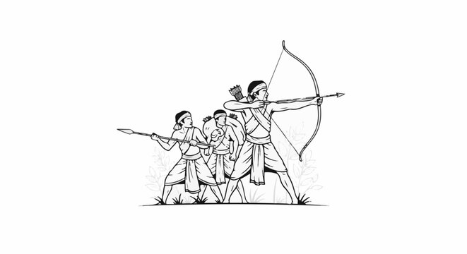 Ancient warriors with bow, arrow, and spear in a line