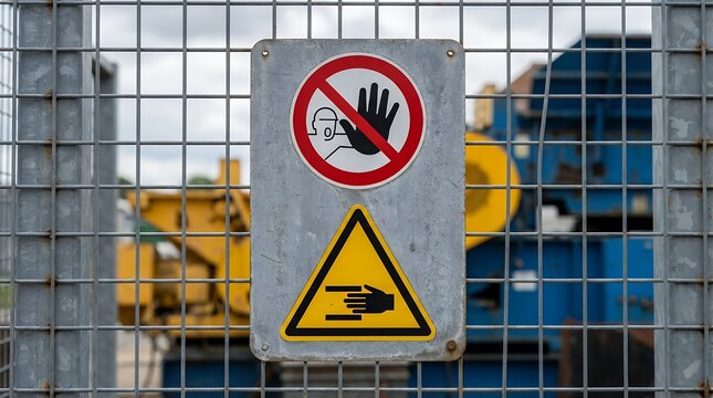 Metal security fence with prohibition and warning signs for personal safety and operational hazard against industrial machinery danger alert zone access restricted attention