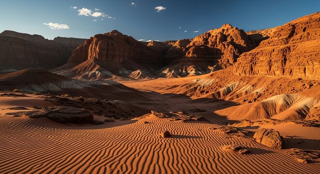 Desert landscape with sandstone formations and dunes