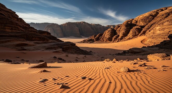 Desert landscape with sandstone formations and dunes