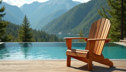 Obraz premium Wooden Adirondack chair sits poolside with serene mountain lake backdrop. Infinity pool reflects blue sky and green forest. Peaceful outdoor relaxation setting.