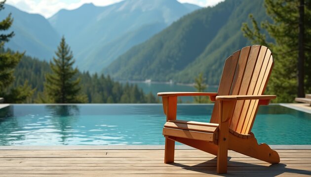 Wooden Adirondack chair sits poolside with serene mountain lake backdrop. Infinity pool reflects blue sky and green forest. Peaceful outdoor relaxation setting.