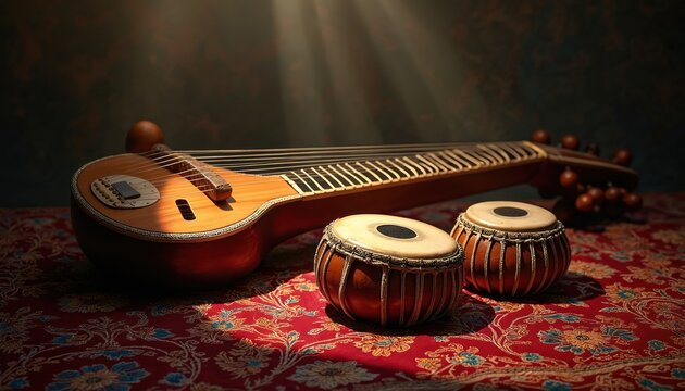 Sitar and tabla drums rest on ornate red fabric. Warm light rays illuminate Indian instruments on dark backdrop. Classical music still life.