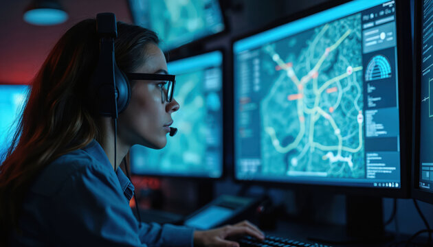 Woman in headset works in dispatch center looking at monitors with map and data. Focused operator manages emergency calls, uses computer, wears glasses. Intense job, high stress environment.