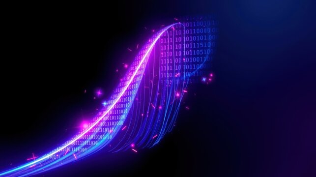 Abstract digital wave. Binary code streams flow, creating vibrant neon effect. Futuristic technology concept. Dark background enhances luminosity.