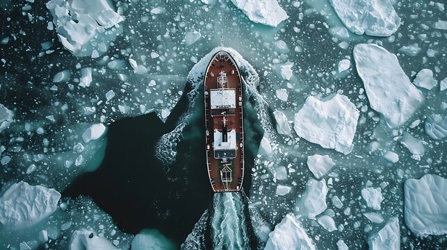 Icebreaker ship navigating through arctic waters with floating icebergs, aerial view