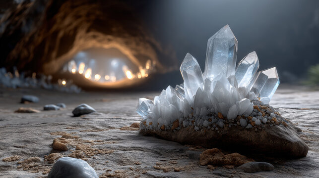 Cluster of clear quartz crystals embedded in rocky cave floor, illuminated by soft natural light, sparkling and serene atmosphere