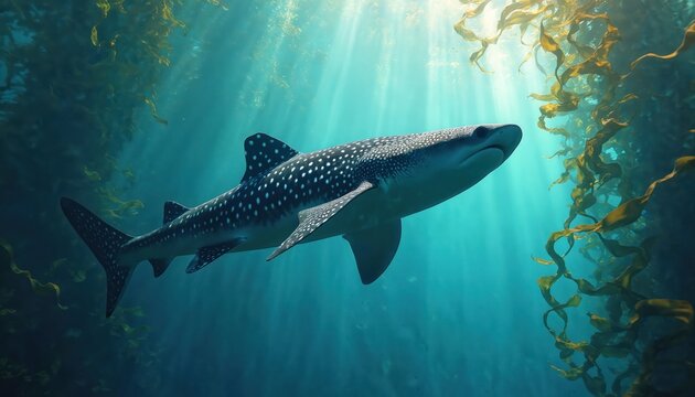 Whale glides through blue ocean water near kelp forest. Sun rays pierce surface, illuminating marine life habitat. Spotted creature swims in its natural environment.
