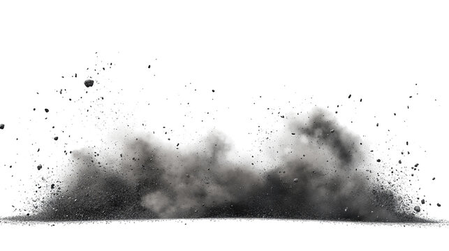 A cloud of debris exploding upward against a stark black backdrop