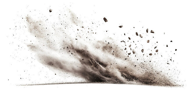 A cloud of dust and debris erupts against a black background, suggesting impact