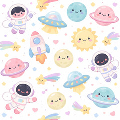 Fototapeta premium A delightful and vibrant seamless pattern featuring cute little astronauts floating in a whimsical galaxy. The design is filled with smiling planets, glowing suns, flying rockets, UFOs, and happy shoo