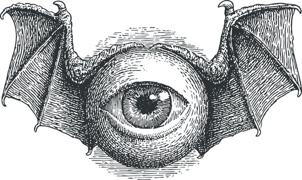 Surreal illustration of a large eye with bat wings, vintage detailed drawing, fantasy and gothic concept