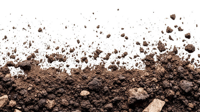 A section of dark earth with small stones against a black background