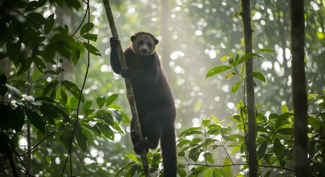 Sulawesi Bear Cuscus Climbing Tree Branch in Tropical Rainforest Under Morning Sunlight for Wildlife Conservation and Natural Habitat Preservation
