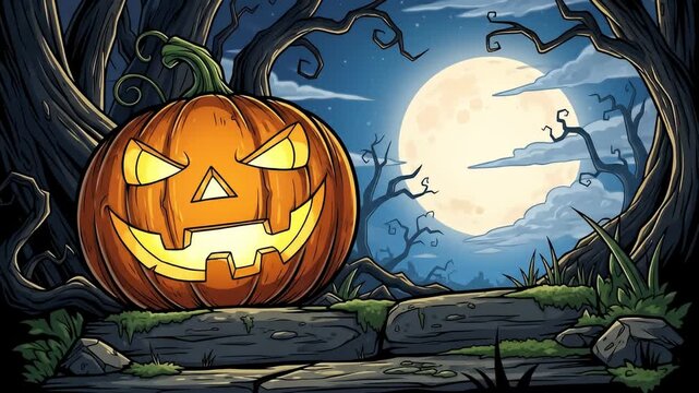 Carved Jack-o'-lantern, glows warmly in moonlit, spooky, dark forest