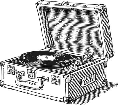 Vintage portable record player with vinyl spinning inside open suitcase case illustration