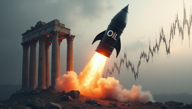 Oil barrel rocket launches skyward near ancient ruins and stock chart. Market volatility and energy sector growth symbolized by soaring commodity.