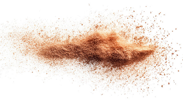 Abstract image of a cloud of brown powder dispersing on a white background
