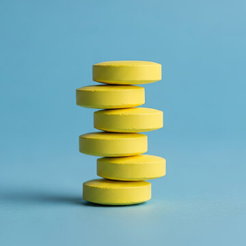 A stack of yellow pills on a blue background