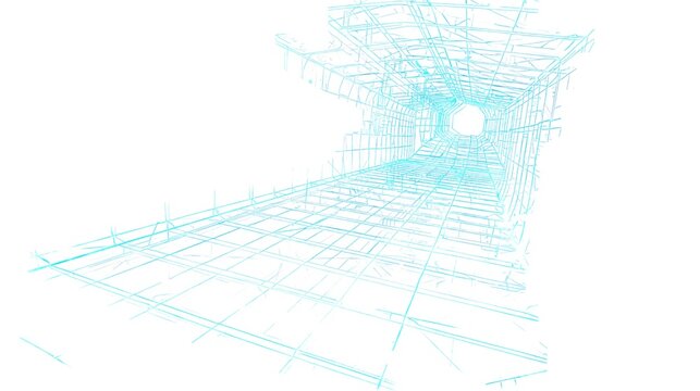 isometric wireframe cube tunnel with glowing blue digital particles in futuristic tech background