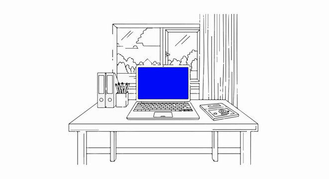 A desk with a laptop, binders, pens, and a book sits by a window