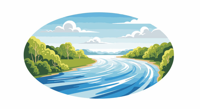 A winding river flows through lush green trees under a cloudy sky