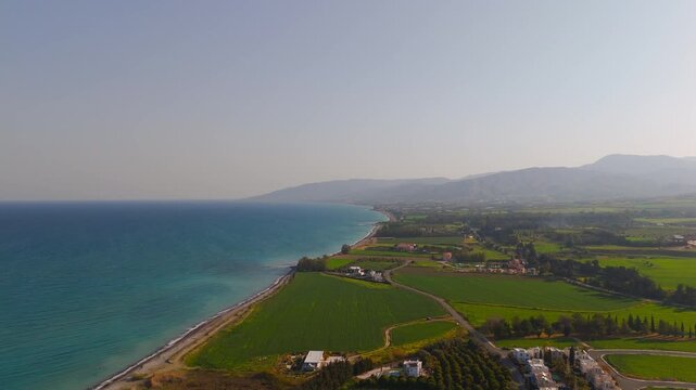 High Drone View Returning to Scenic Mavralis Beach Near Limni Paphos Cyprus