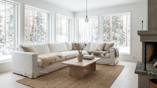 Bright modern Nordic living room with a white sofa and snowy forest view