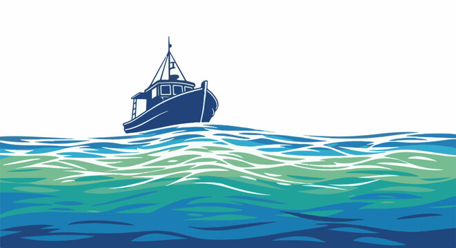 Dark blue boat sailing on vibrant green and blue wavy ocean water