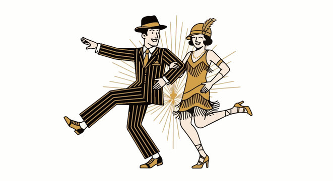 Joyful couple in 1920s attire dancing with dynamic poses