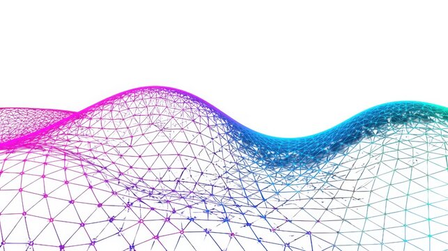 Vibrant abstract geometric wave pattern with neon grid overlay on white background