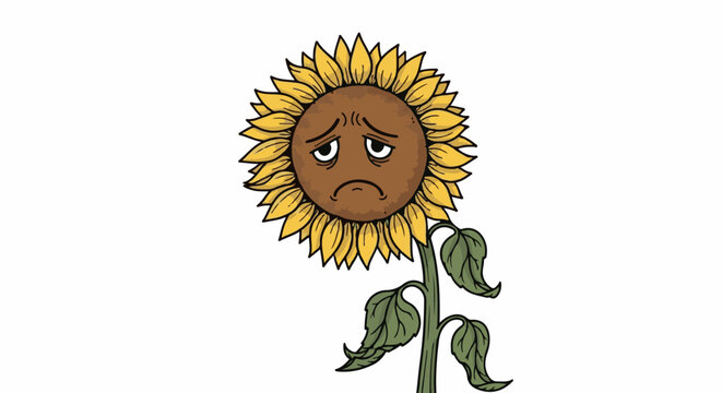 Sad cartoon sunflower with yellow petals and green leaves on white
