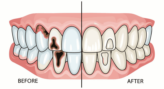 A split view showing decayed teeth on the left and healthy, white teeth on the right