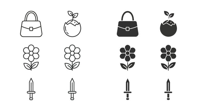 Contrasting icon sets featuring handbags, plants, seeds, flowers, and daggers in light and dark styles