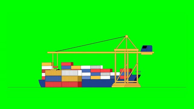2D Animation of Illustrated Containers Being Lifted by Crane and Loaded Onto Cargo Ship at Busy Port on Green Background