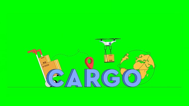 2D Cartoon Freight Operations Illustrated With Icons of Globe GPS, Drone, Trolley, Shipping and Logistics Around Written Cargo on Green Background