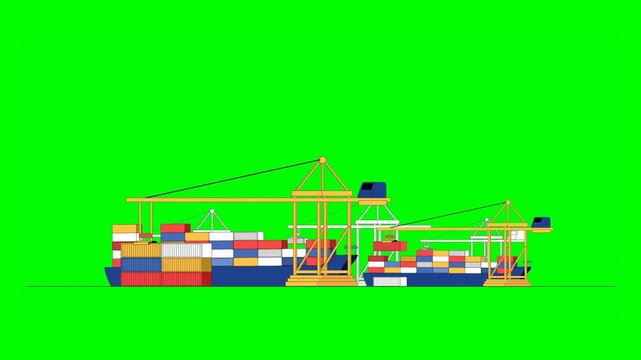 2D Animated View of Cargo Port Operations With Cranes Maneuvering Containers Onto Cargo Ships on Green Background