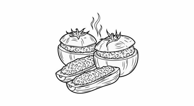 Two stuffed tomatoes and two stuffed zucchini halves on a white background