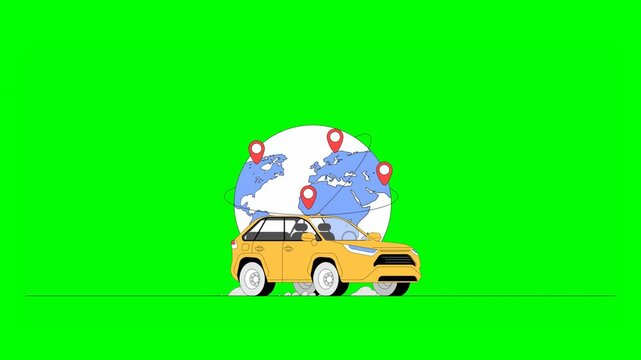 2D Animation of Illustrated Delivery Car Driving Along With Globe Map With Multiple Location PINs in Background on Green Background