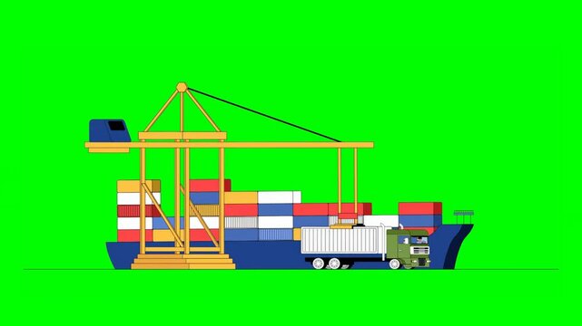 2D Animation of Containers Being Unloaded From Vessel at Port Facility to Truck on Green Background