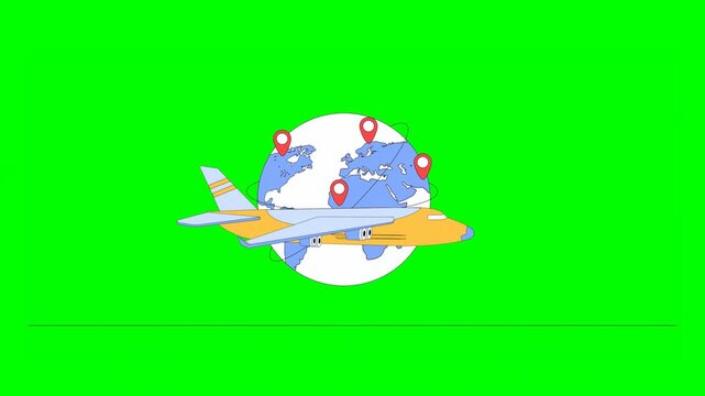 2D Illustration of Illustrated Delivery Plane Flying Along With Globe Map With Multiple Location PINs in Background on Green Background