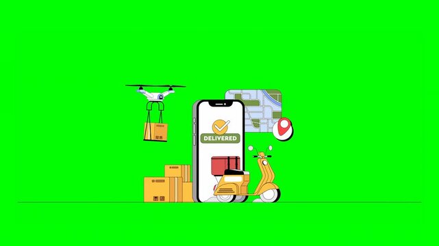 2D Animated Delivery Moped Driving With Packages, Maps, Locations PIN, Drone and Mobile App Displaying Delivered in Green Background