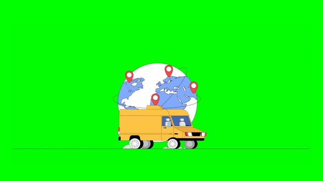 2D Animation of Illustrated Yellow Delivery Van Driving Along With Globe Map With Multiple Location PINs in Background on Green Background.