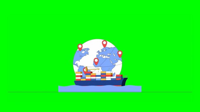 2D Animated Cartoon Delivery Vessel Ship Navigating Through Water Along With Globe Map With Multiple Location PINs in Background on Green Background.