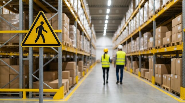 Warning sign for pedestrian crossing in a large warehouse with shelves full of boxes and two workers wearing safety vests walking away walkway caution industrial logistics
