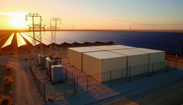 Solar farm power storage with battery containers and utility poles. Grid infrastructure connects solar panels and clean energy generation. Rural landscape at sunset with electrical equipment.