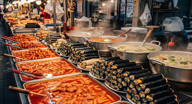 A lively depiction of a traditional Korean market atmosphere filled with popular foods. The energy and depth make it perfect for travel promotions and cultural storytelling visuals.