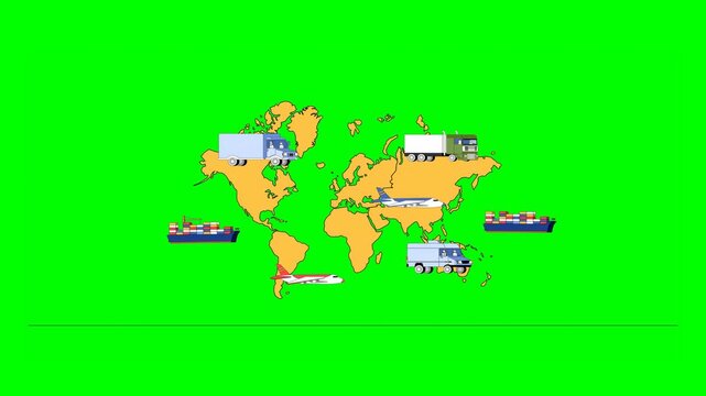 2D Animated World Map Displaying Various Logistics Modes Like Plane, Trailer, Truck, Van, Ship, With Connections Between Global Regions on Green Background